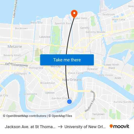 Jackson Ave. at St Thomas St. to University of New Orleans map