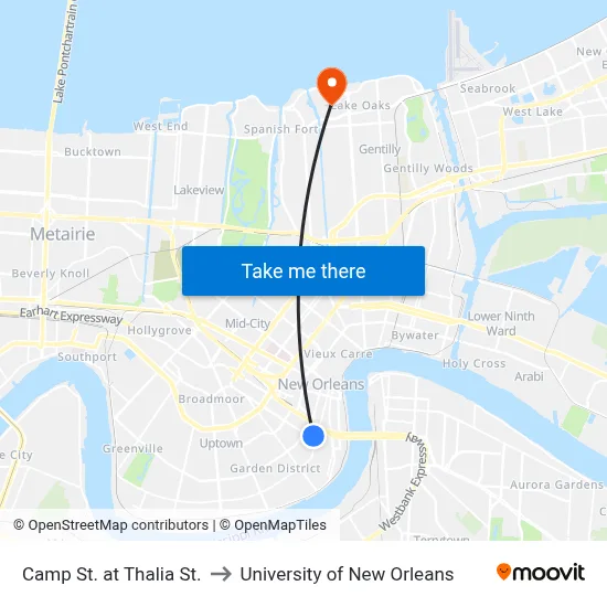 Camp St. at Thalia St. to University of New Orleans map