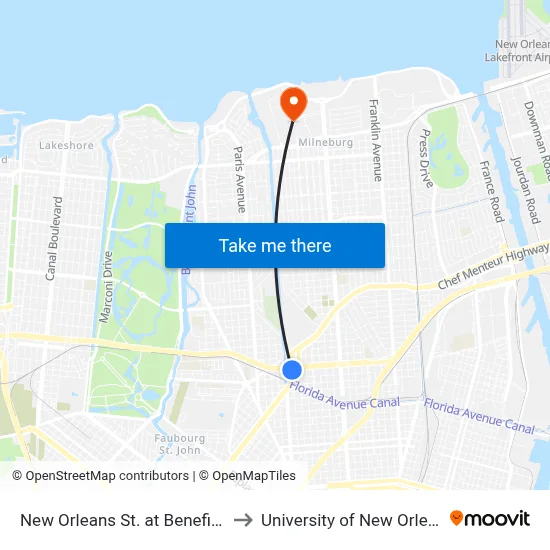 New Orleans St. at Benefit St. to University of New Orleans map
