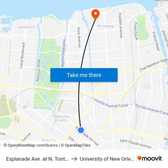 Esplanade Ave. at N. Tonti St. to University of New Orleans map