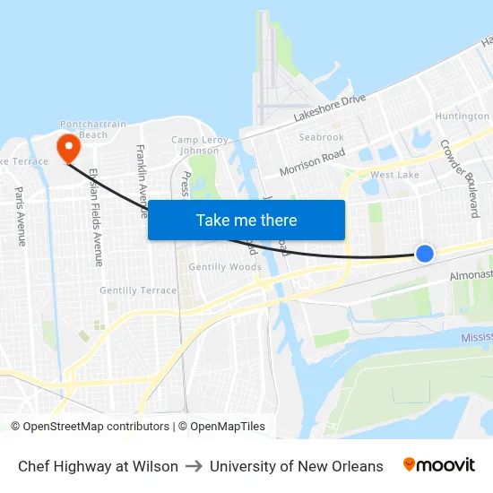 Chef Highway at Wilson to University of New Orleans map