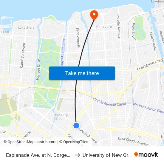 Esplanade Ave. at N. Dorgenois St. to University of New Orleans map