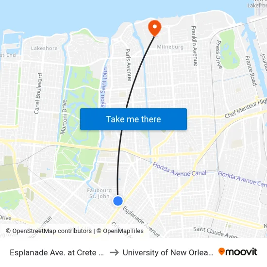 Esplanade Ave. at Crete St. to University of New Orleans map