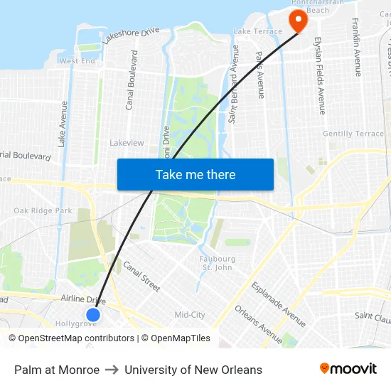 Palm at Monroe to University of New Orleans map