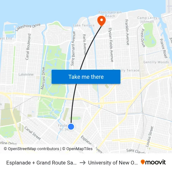 Esplanade + Grand Route Saint John to University of New Orleans map