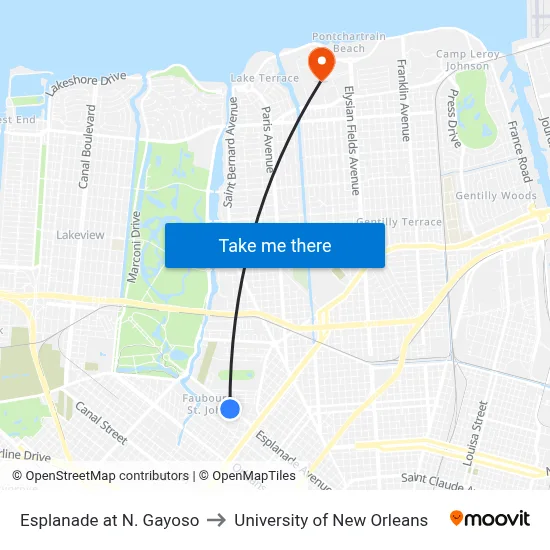 Esplanade at N. Gayoso to University of New Orleans map