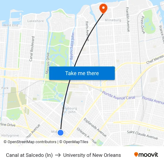 Canal at Salcedo (In) to University of New Orleans map