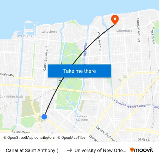 Canal at Saint Anthony (Out) to University of New Orleans map