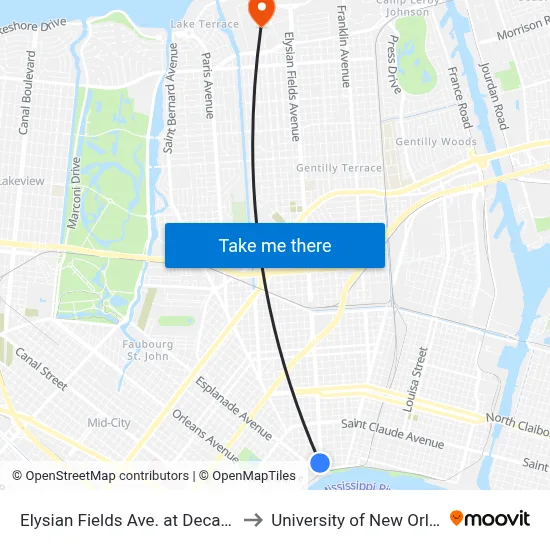 Elysian Fields Ave. at Decatur St. to University of New Orleans map