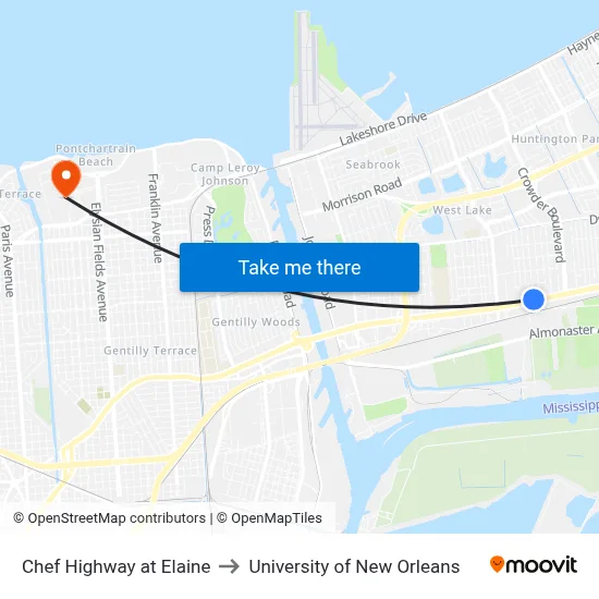 Chef Highway at Elaine to University of New Orleans map