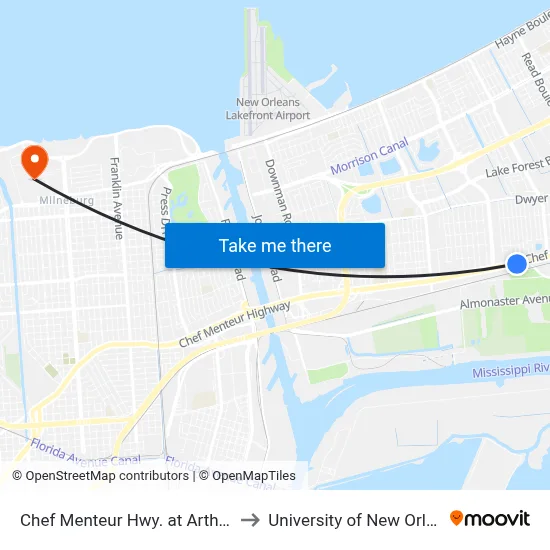 Chef Menteur Hwy. at Arthur Dr. to University of New Orleans map