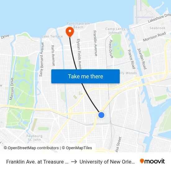 Franklin Ave. at Treasure St. to University of New Orleans map
