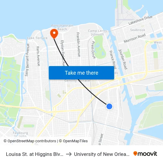 Louisa St. at Higgins Blvd. to University of New Orleans map