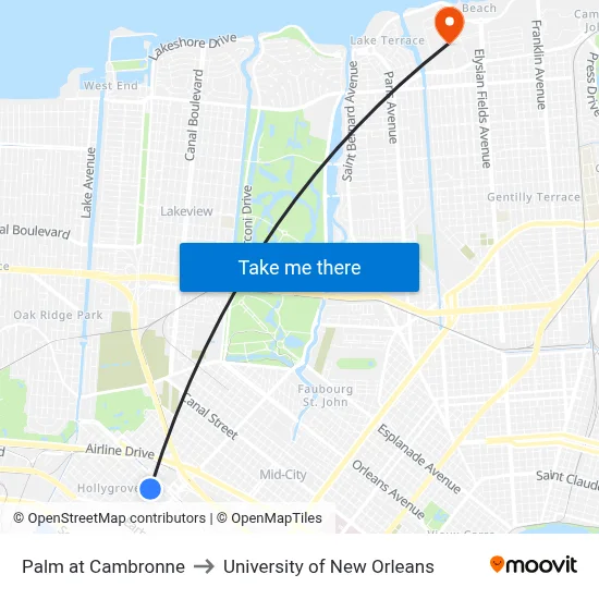 Palm at Cambronne to University of New Orleans map