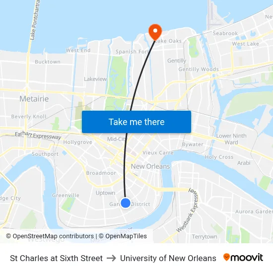 St Charles at Sixth Street to University of New Orleans map