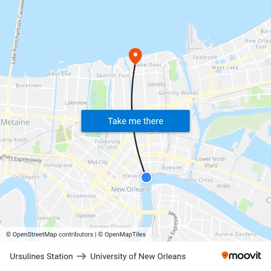Ursulines Station to University of New Orleans map