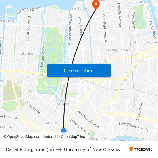 Canal + Dorgenois (In) to University of New Orleans map