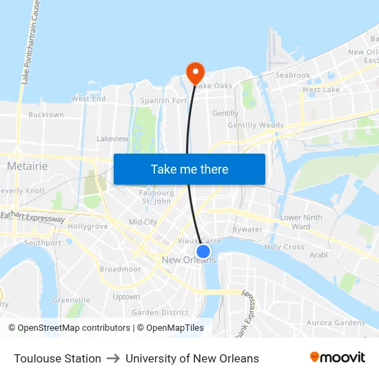 Toulouse Station to University of New Orleans map