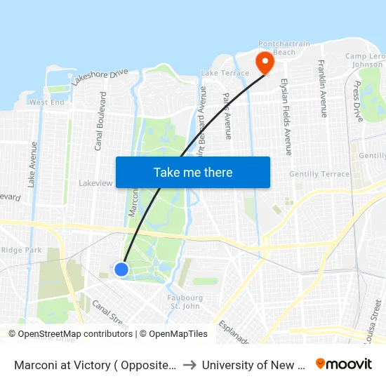 Marconi at Victory ( Opposite Delgado) to University of New Orleans map