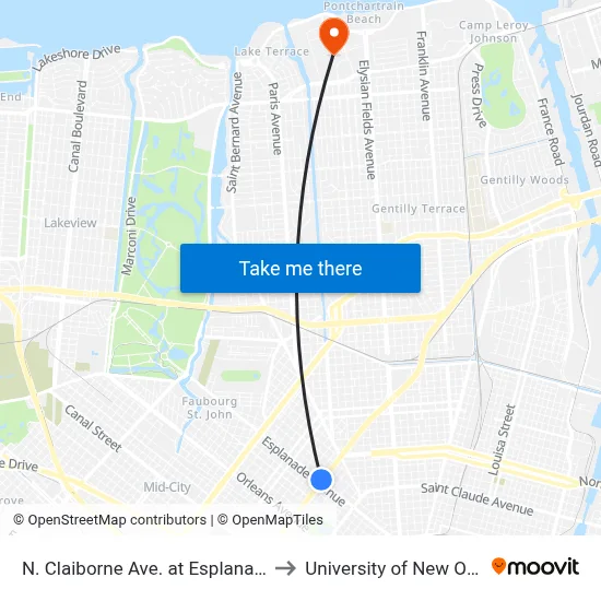 N. Claiborne Ave. at Esplanade Ave. to University of New Orleans map