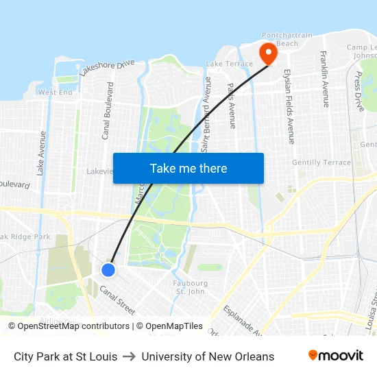 City Park at St Louis to University of New Orleans map