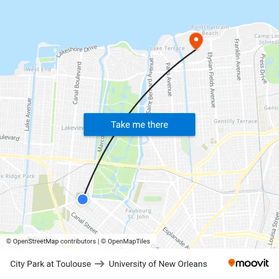 City Park at Toulouse to University of New Orleans map