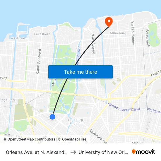 Orleans Ave. at N. Alexander St. to University of New Orleans map