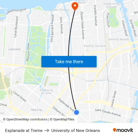 Esplanade at Treme to University of New Orleans map