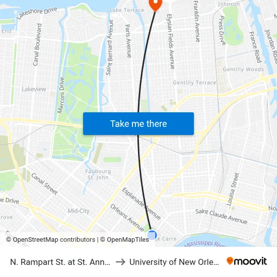 N. Rampart St. at St. Ann St. to University of New Orleans map