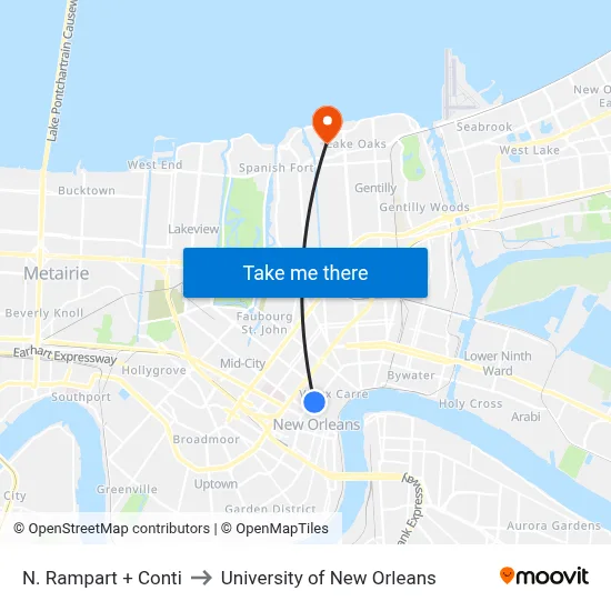 N. Rampart + Conti to University of New Orleans map
