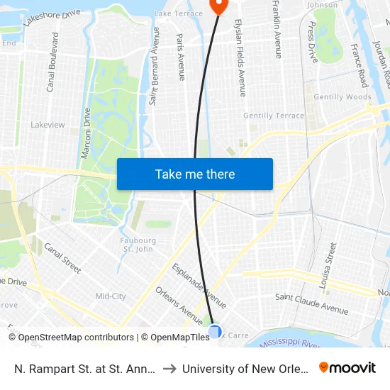 N. Rampart St. at St. Ann St. to University of New Orleans map