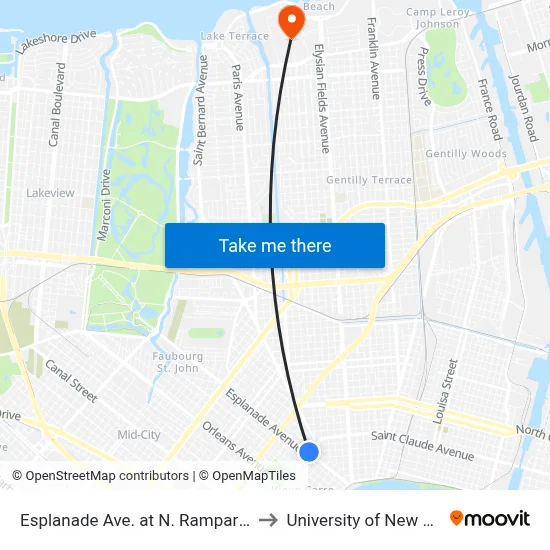 Esplanade Ave. at N. Rampart St. (Far) to University of New Orleans map
