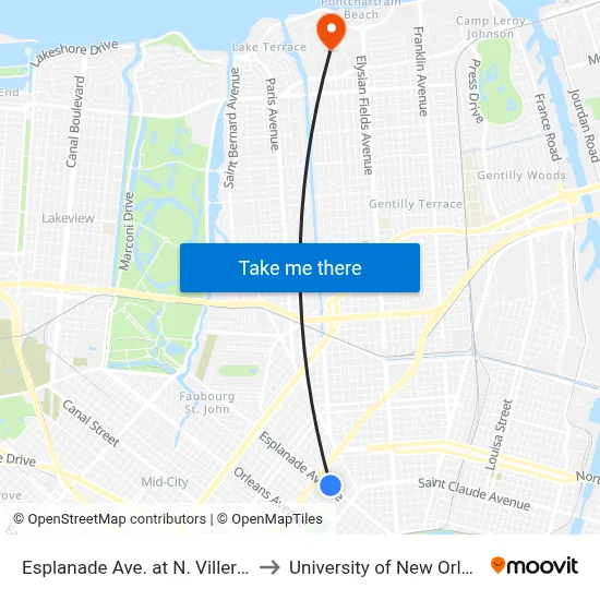 Esplanade Ave. at N. Villere St. to University of New Orleans map