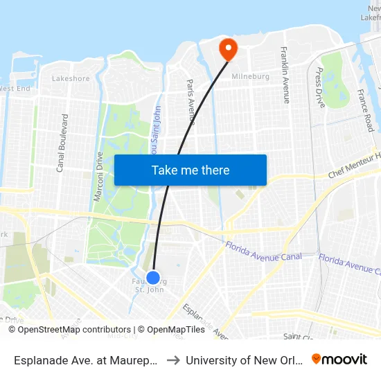 Esplanade Ave. at Maurepas St. to University of New Orleans map