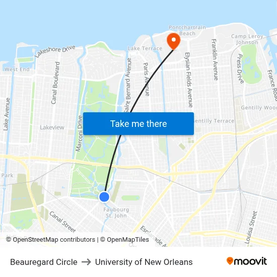 Beauregard Circle to University of New Orleans map