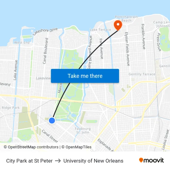 City Park at St Peter to University of New Orleans map