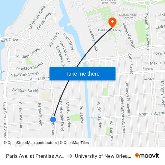 Paris Ave. at Prentiss Ave. to University of New Orleans map