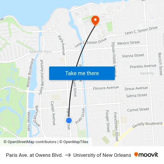 Paris Ave. at Owens Blvd. to University of New Orleans map