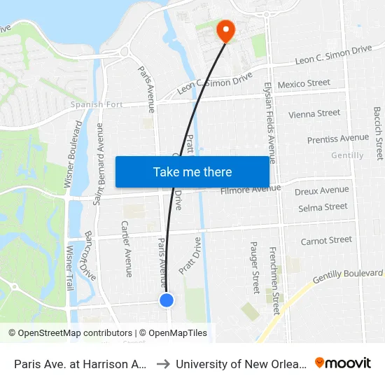 Paris Ave. at Harrison Ave. to University of New Orleans map