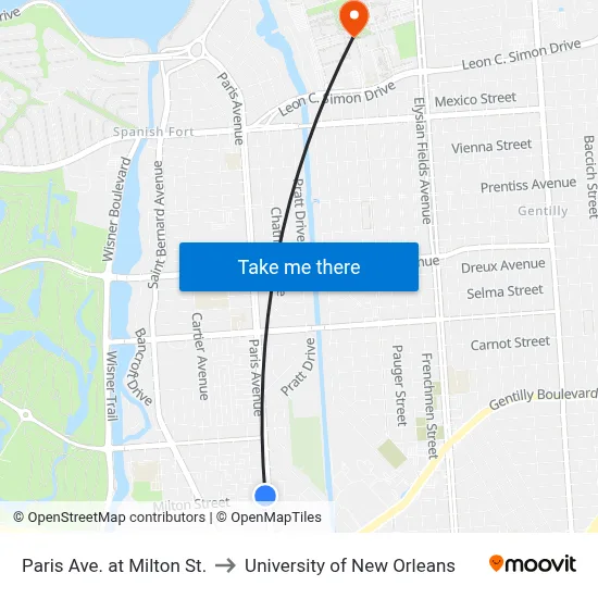 Paris Ave. at Milton St. to University of New Orleans map