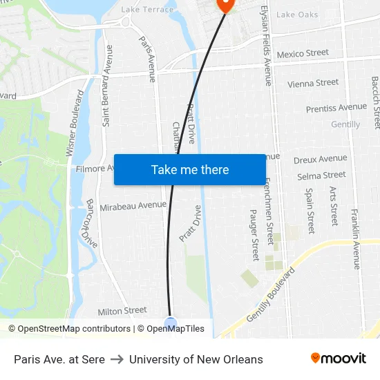 Paris Ave. at Sere to University of New Orleans map