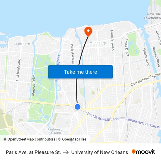 Paris Ave. at Pleasure St. to University of New Orleans map