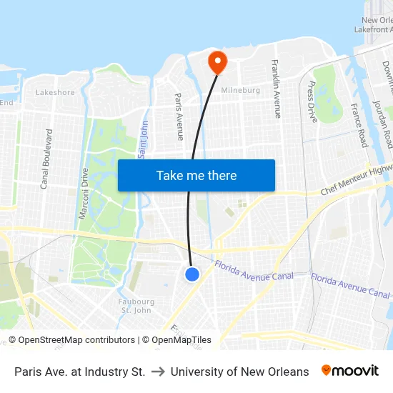 Paris Ave. at Industry St. to University of New Orleans map