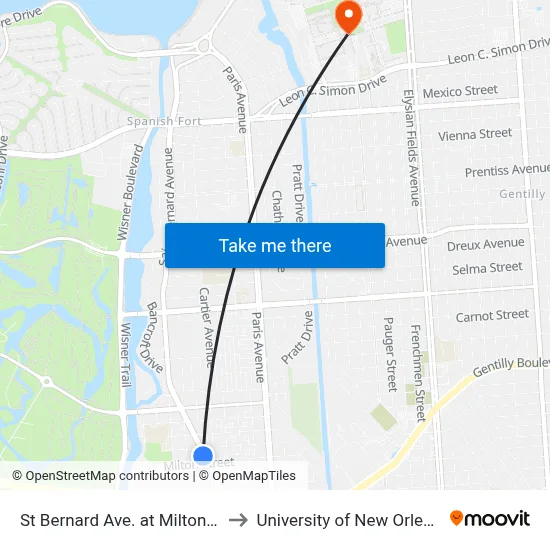 St Bernard Ave. at Milton St. to University of New Orleans map