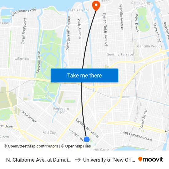 N. Claiborne Ave. at Dumaine St. to University of New Orleans map