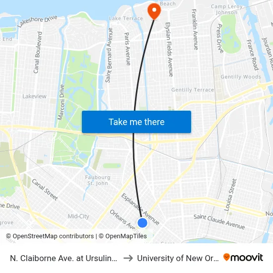 N. Claiborne Ave. at Ursulines Ave. to University of New Orleans map
