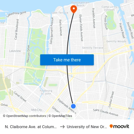 N. Claiborne Ave. at Columbus St. to University of New Orleans map