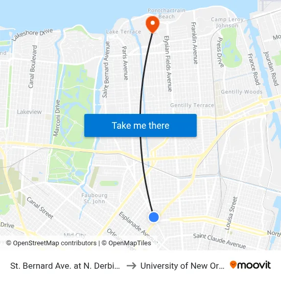 St. Bernard Ave. at N. Derbigny St. to University of New Orleans map