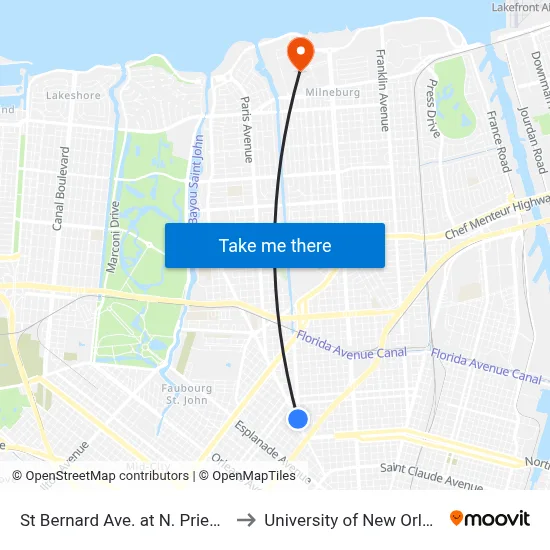 St Bernard Ave. at N. Prieur St. to University of New Orleans map