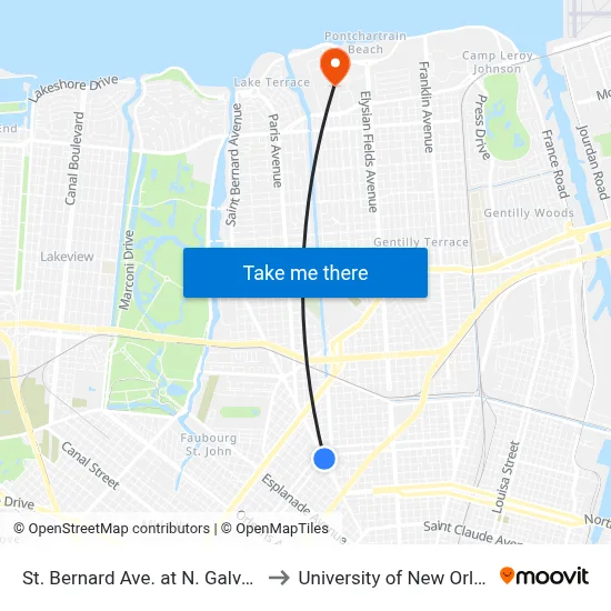 St. Bernard Ave. at N. Galvez St. to University of New Orleans map